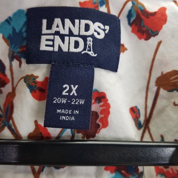 Lands End Button Up Shirt Women 2X 20-22 Cotton Roll Tab Sleeve Floral Ombre Blu - Picture 10 of 16